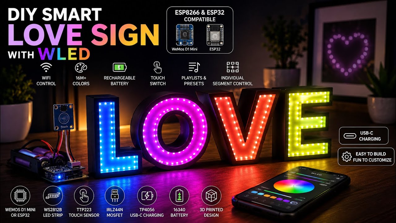 DIY Smart LOVE Sign with WLED-ESP8266 & ESP32 Compatible-3D Printed RGB Lamp