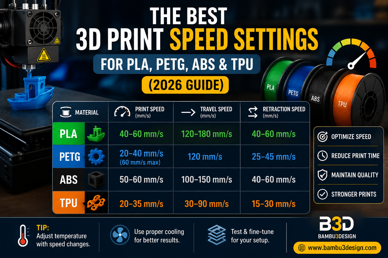 The Best 3D Print Speed Settings for PLA, PETG, ABS & TPU (2026 Guide)