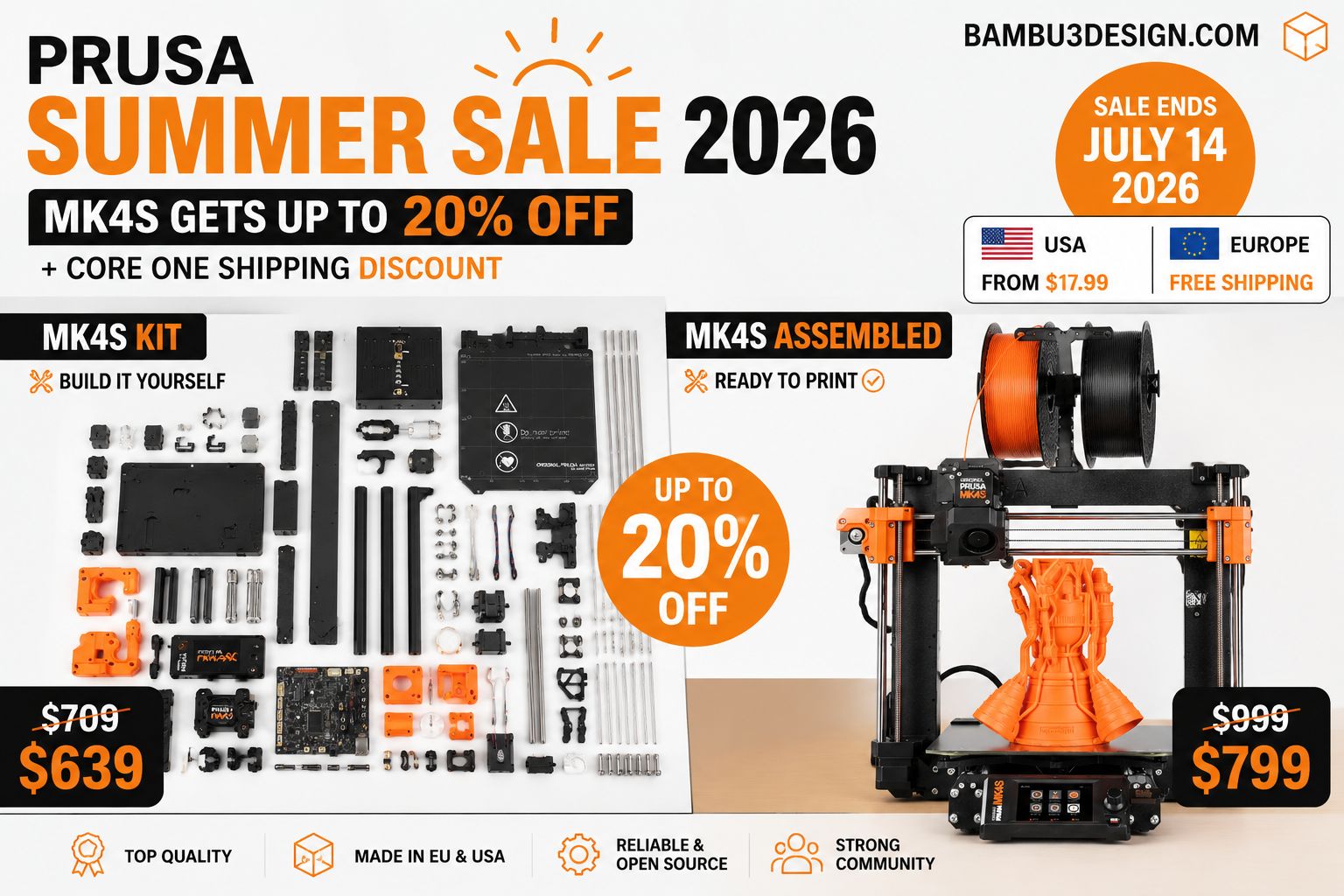 Prusa Summer Sale 2026: MK4S Gets Up to 20% Off & Core One Shipping Discount