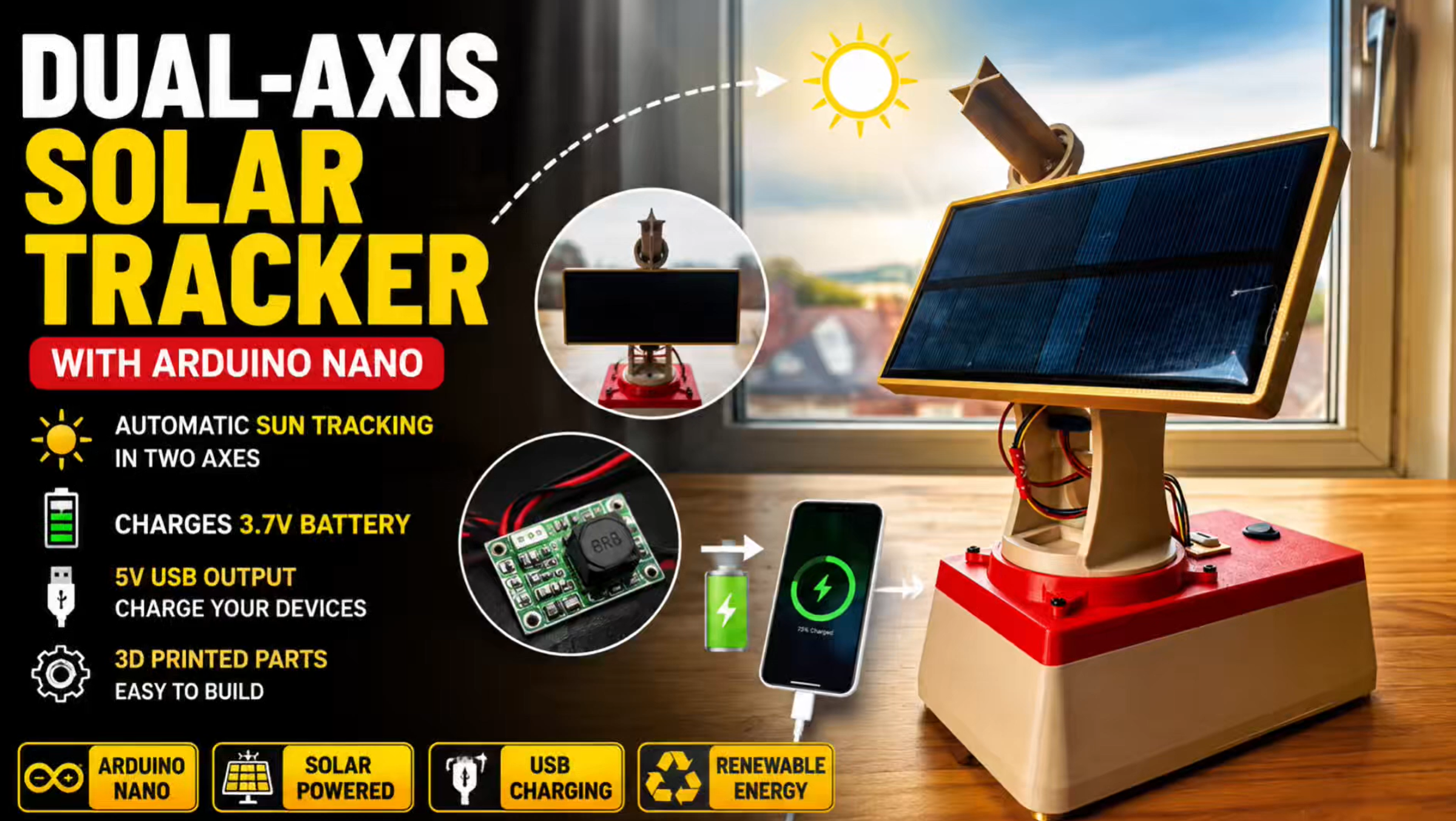 DIY Dual-Axis Solar Tracker with Arduino Nano | 3D Printed + Solar Charging